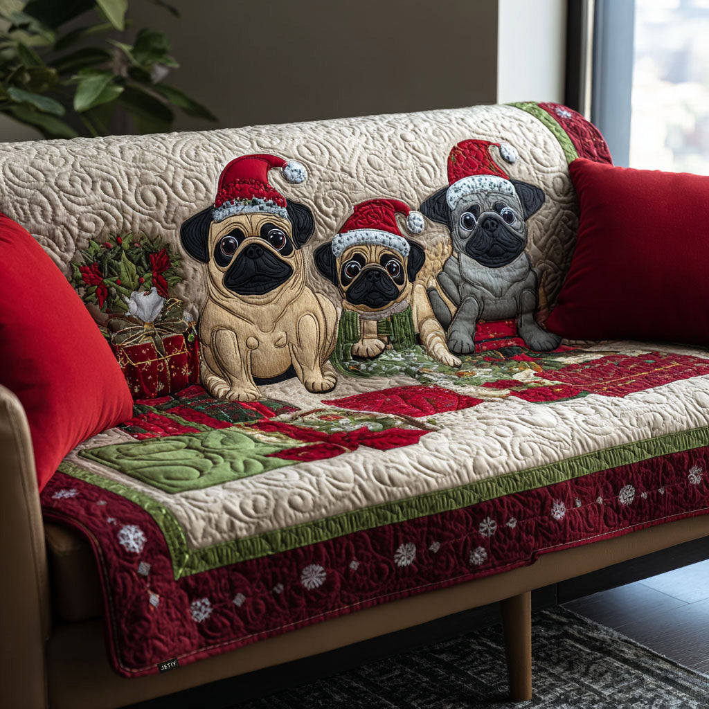 Trio of Pugs Festive Quilted Sofa Cover