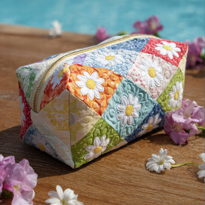 Embroidered Flower Pattern Quilted Toiletry Bag
