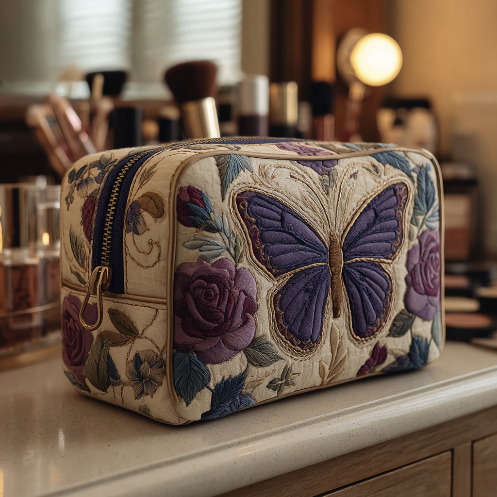 Embroidered Butterflies and Flowers Quilted Toiletry Bag – Camille