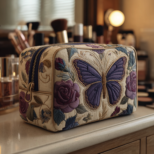 Embroidered Butterflies and Flowers Quilted Toiletry Bag – Camille