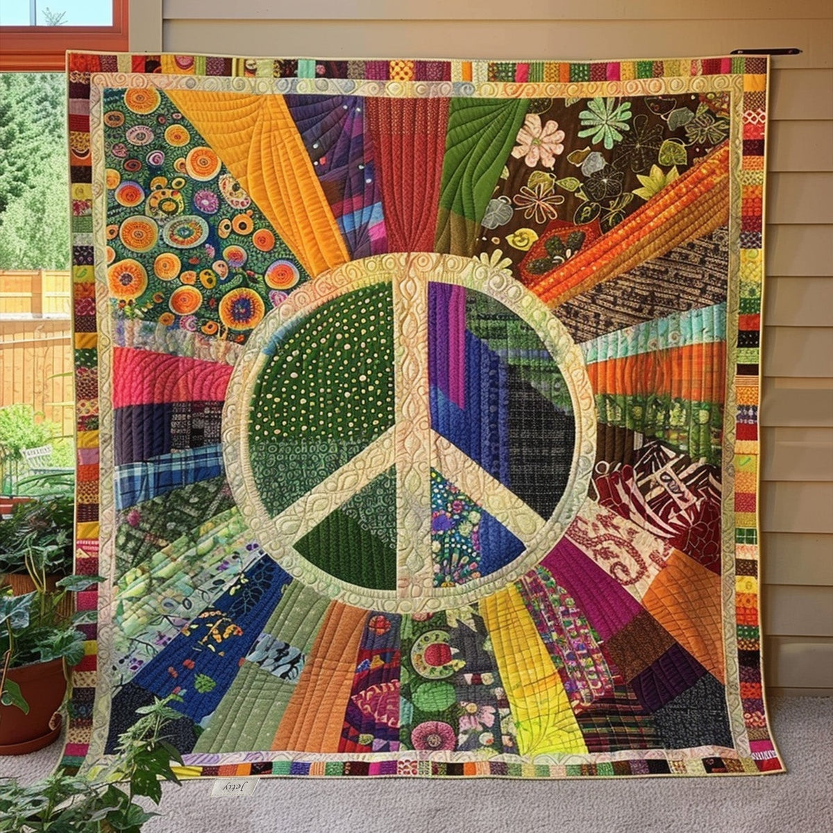 Retro Peace Symbol Quilted Blanket