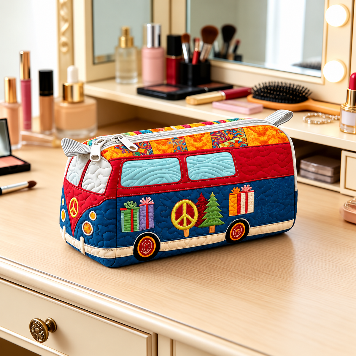 Christmas Camper Van Quilted Makeup Bag