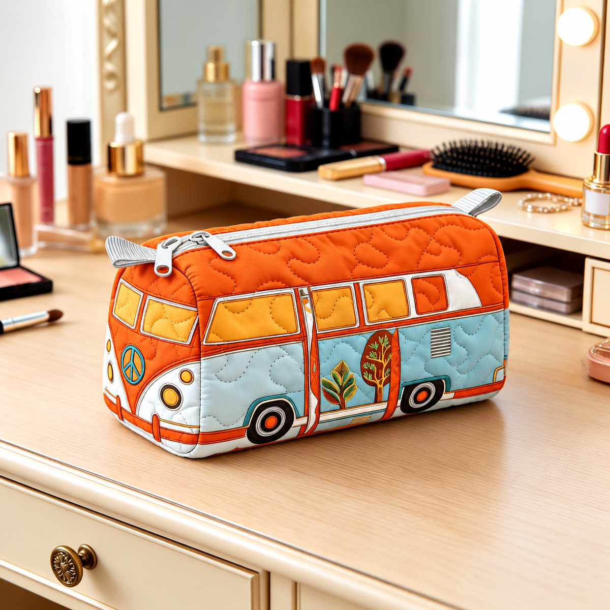 Orange Retro Camper Van Quilted Makeup Bag