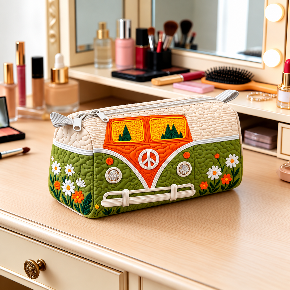 Green Floral Retro Camper Quilted Makeup Bag
