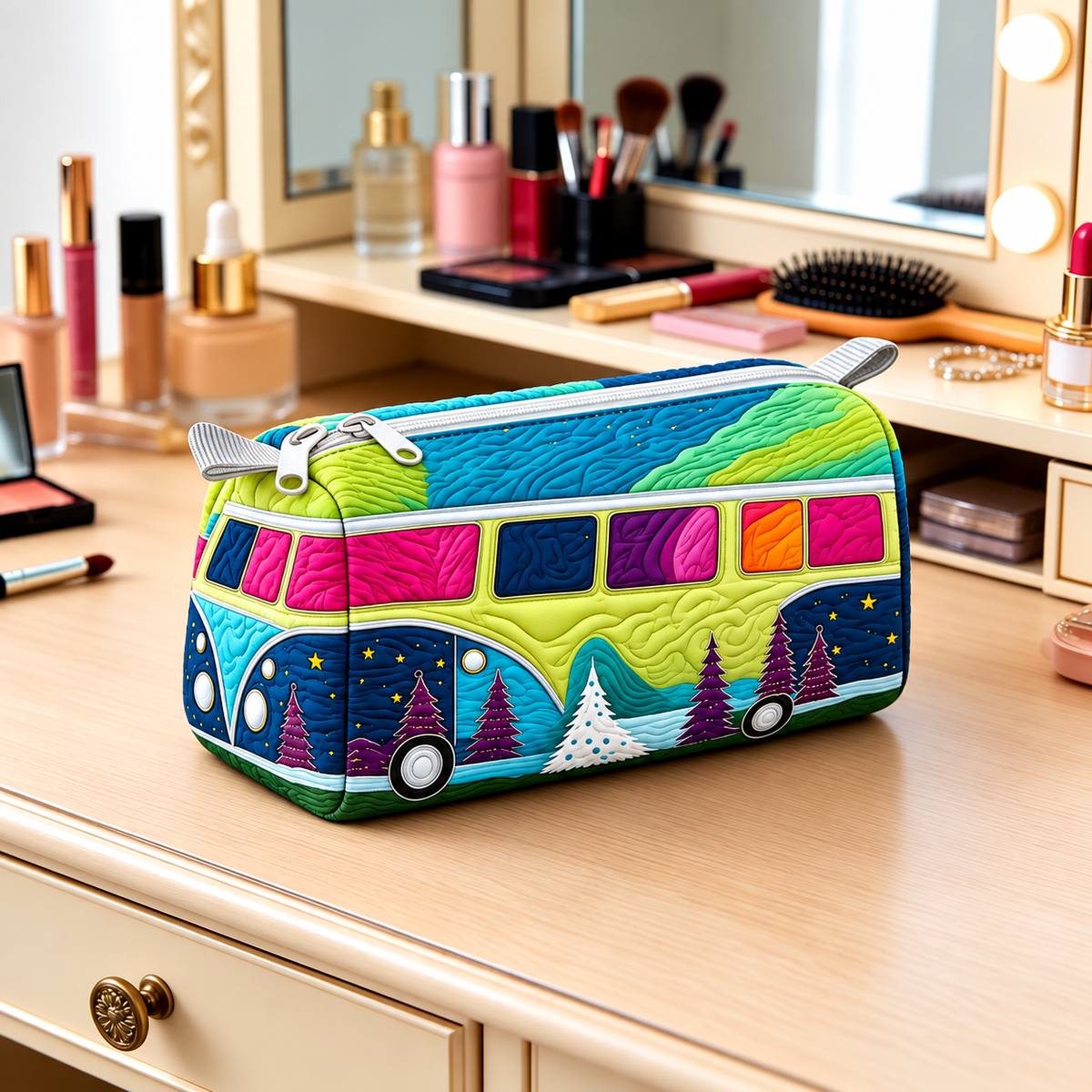Colourful Winter Camper Quilted Makeup Bag