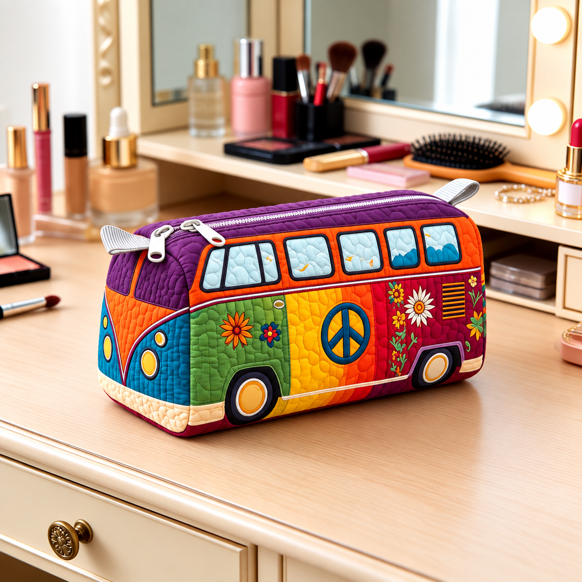 Rainbow Retro Camper Quilted Makeup Bag