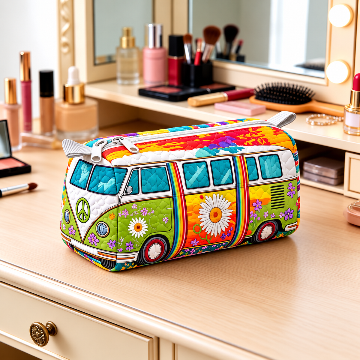 Rainbow Floral Camper Quilted Makeup Bag
