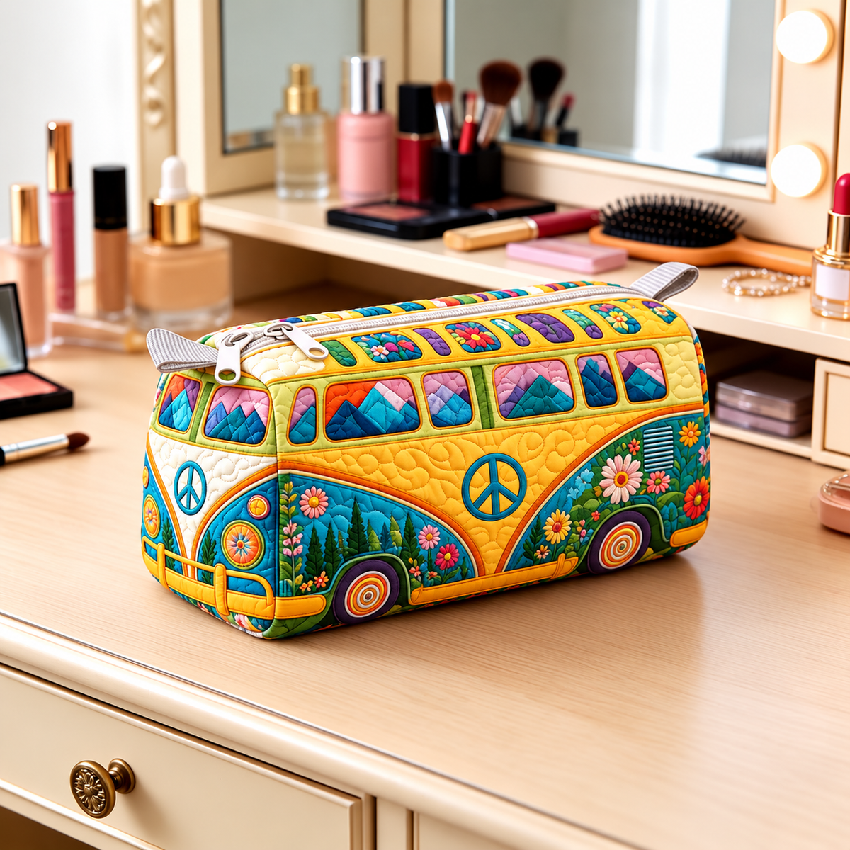 Retro Mountain Camper Quilted Makeup Bag