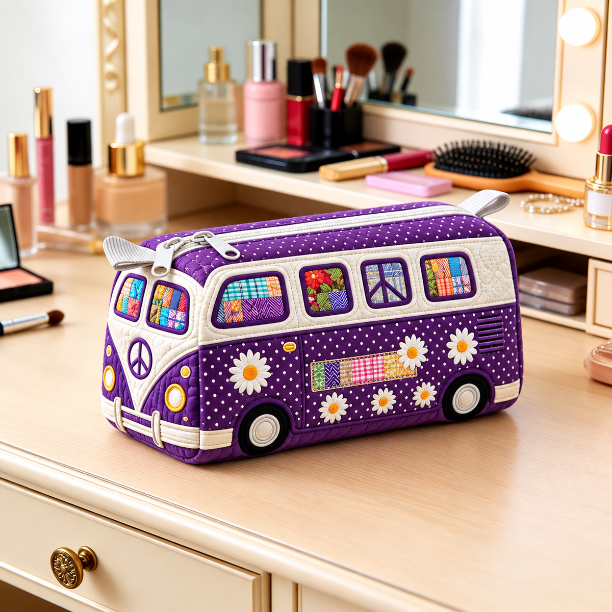 Purple Daisy Camper Quilted Makeup Bag
