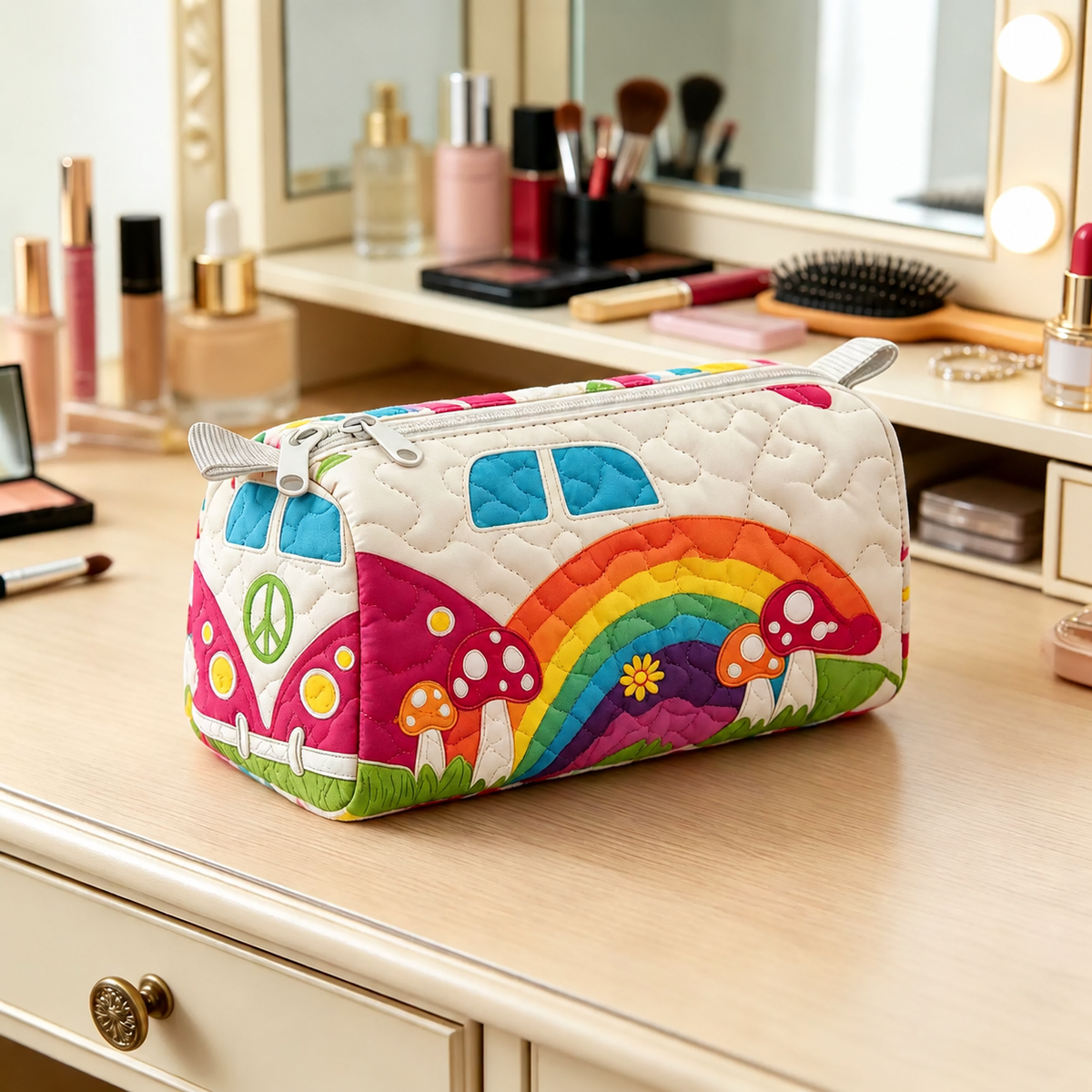 Rainbow Mushroom Camper Quilted Makeup Bag
