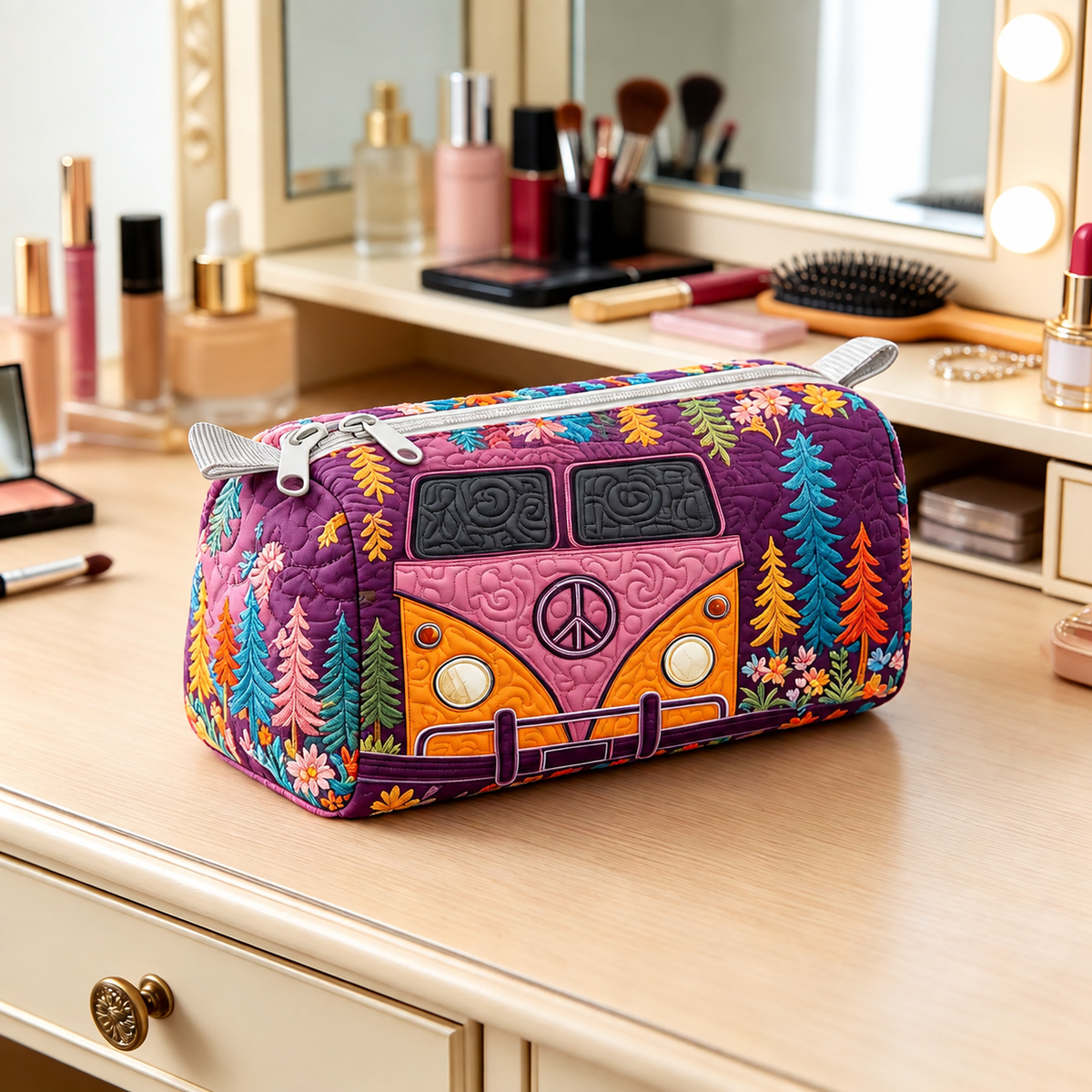 Floral Forest Camper Quilted Makeup Bag
