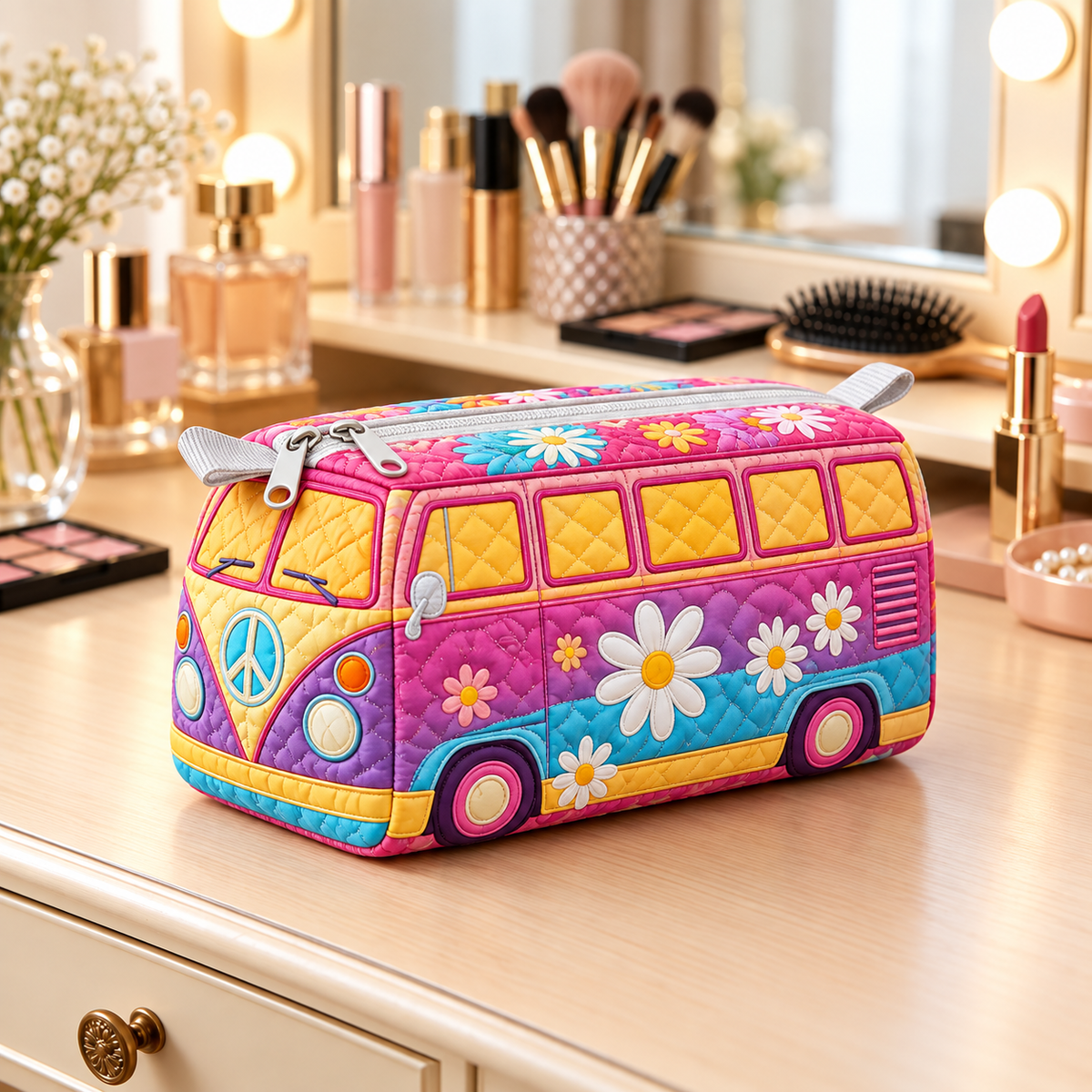 Pastel Daisy Camper Quilted Makeup Bag