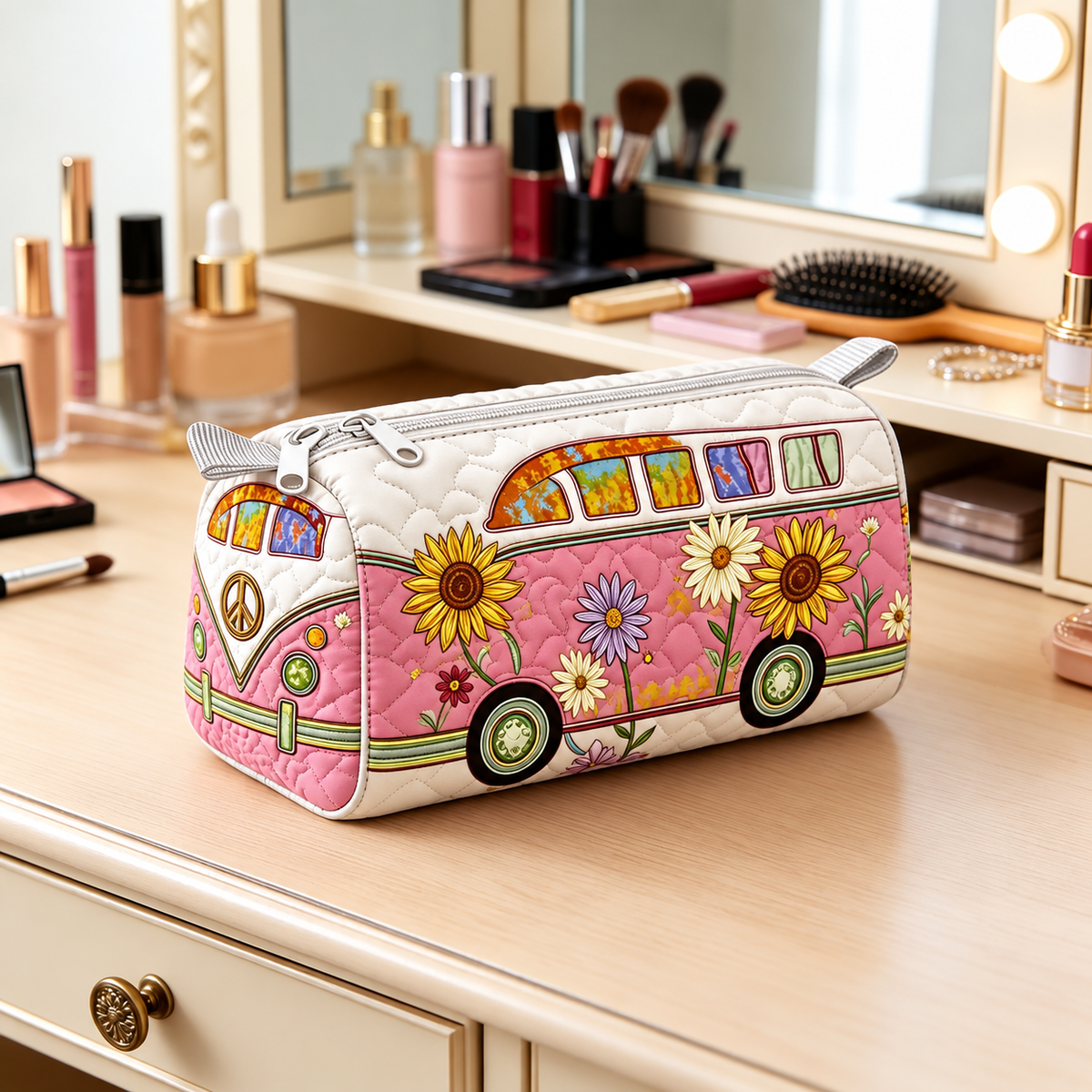Sunflower Camper Quilted Makeup Bag