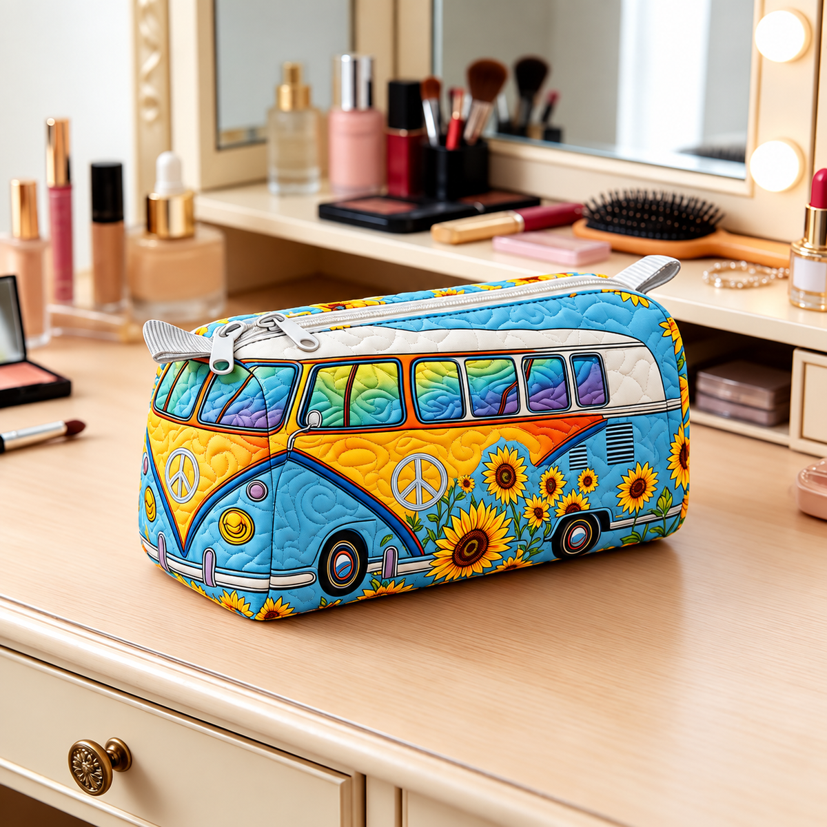 Blue Sunflower Camper Quilted Makeup Bag