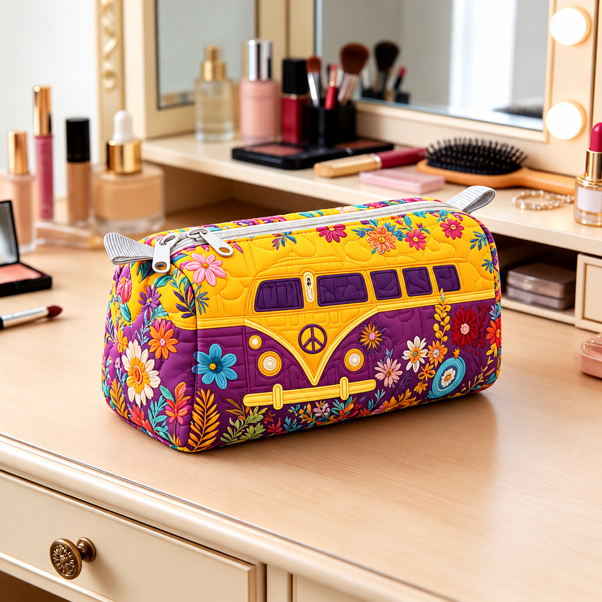 Golden Floral Retro Camper Quilted Makeup Bag