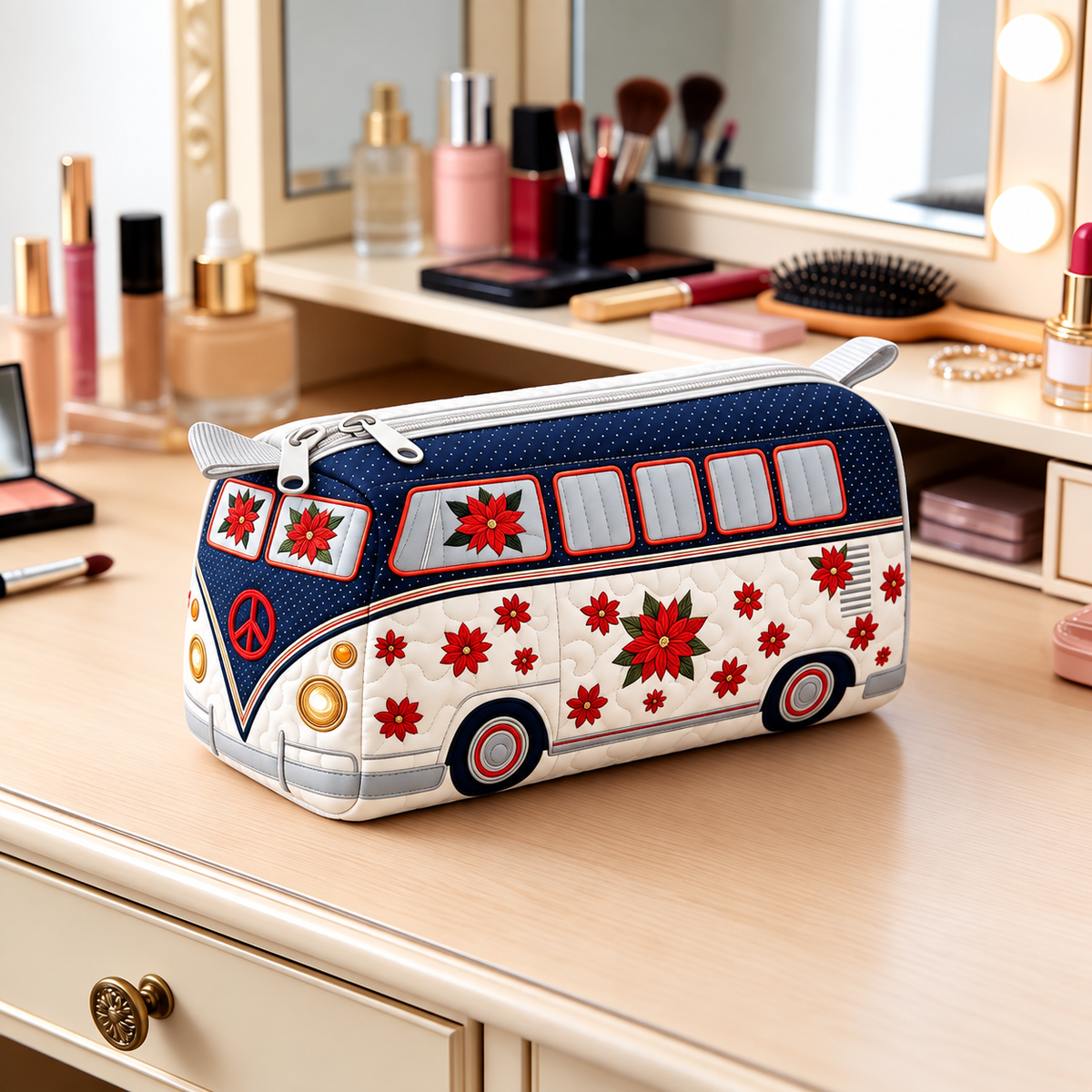 Christmas Floral Camper Quilted Makeup Bag
