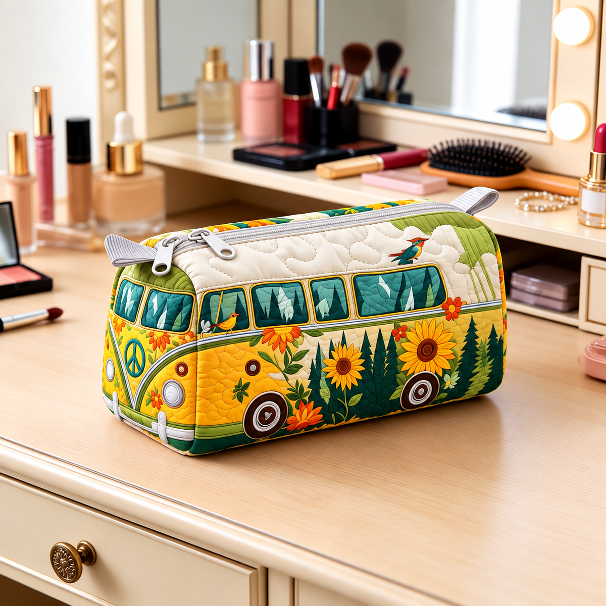 Sunflower Forest Camper Quilted Makeup Bag