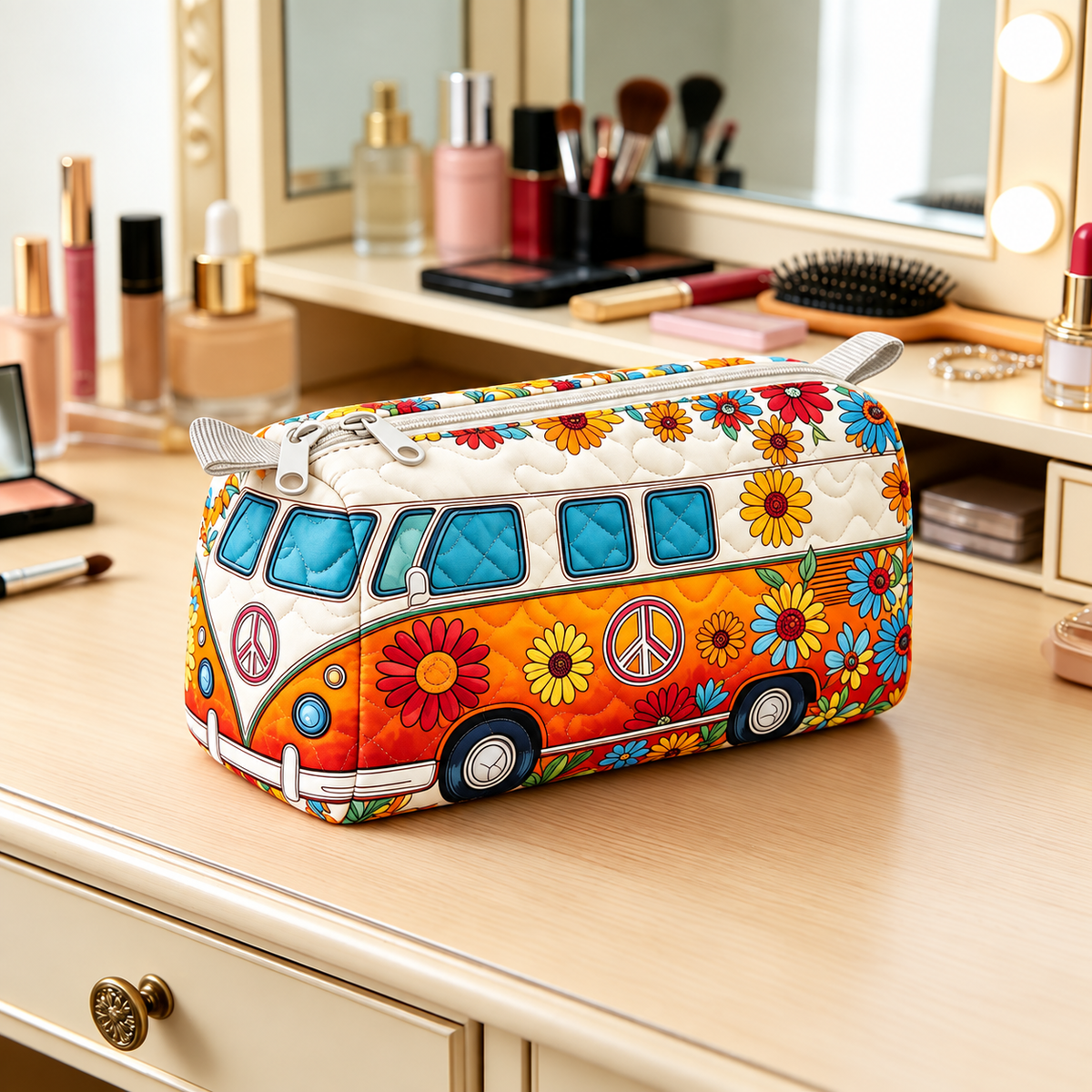 Retro Floral Camper Quilted Makeup Bag