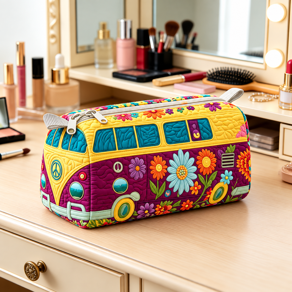 Boho Floral Camper Quilted Makeup Bag