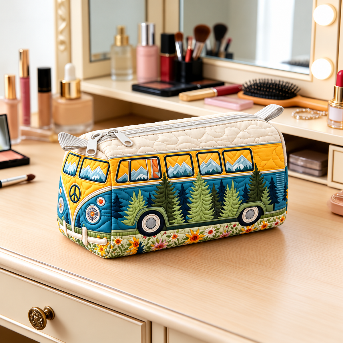 Mountain Forest Camper Quilted Makeup Bag