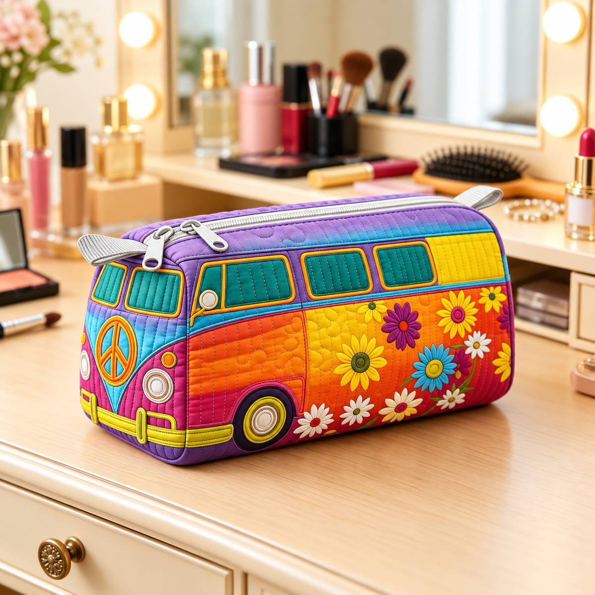 Colourful Floral Camper Quilted Makeup Bag