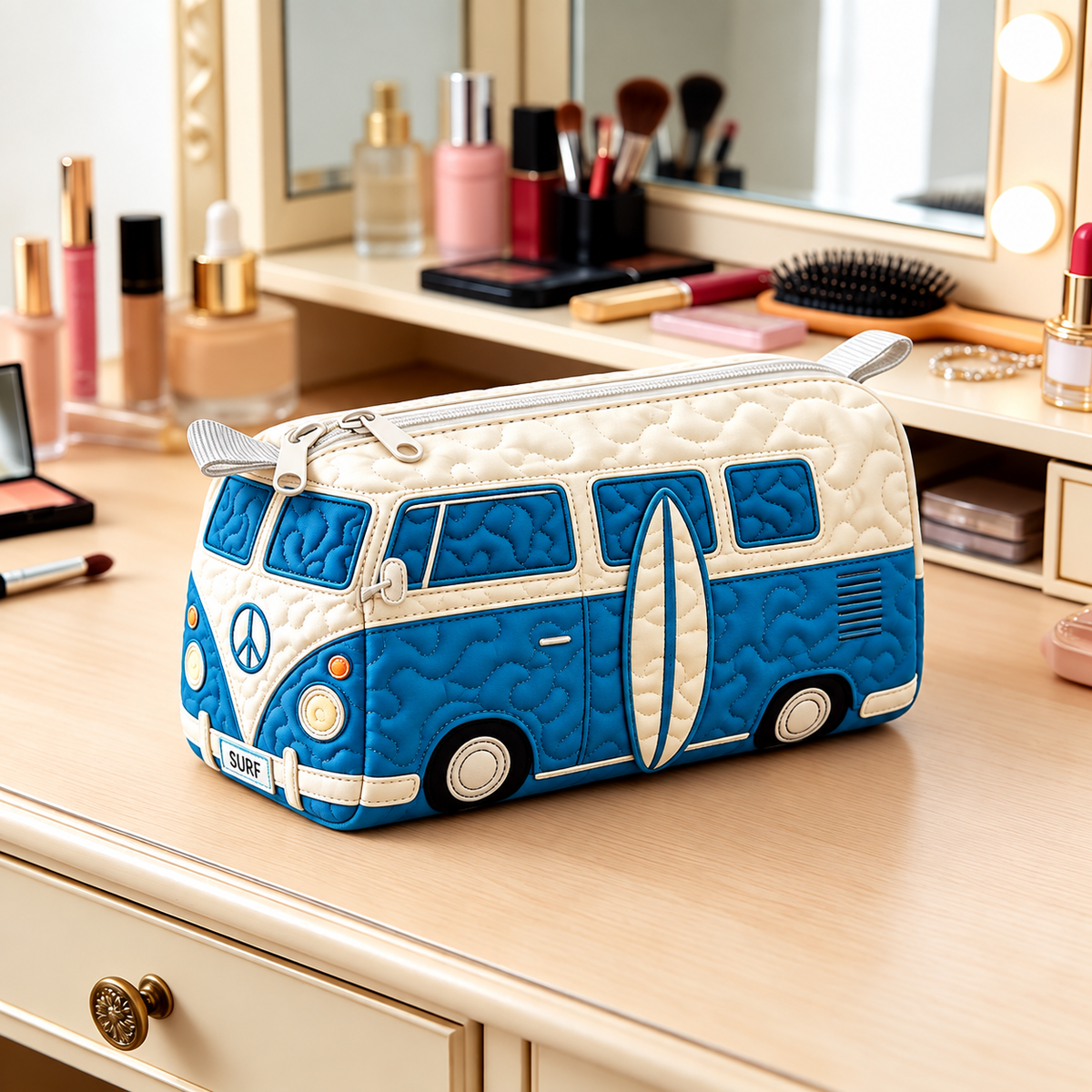 Surfboard Camper Van Quilted Makeup Bag