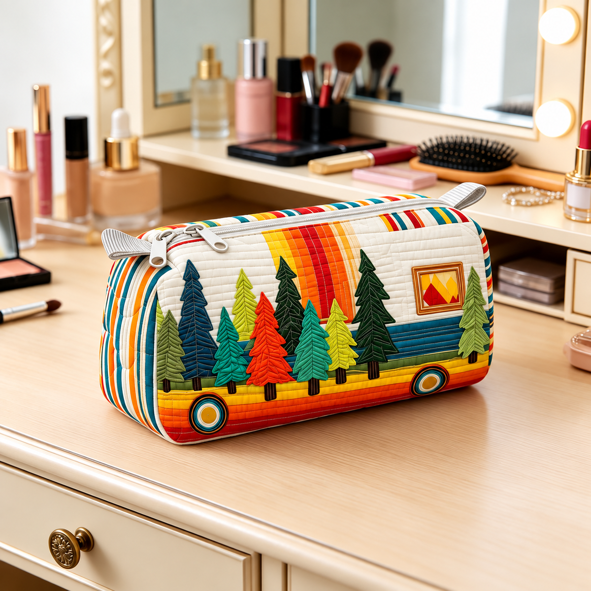 Retro Forest Camper Quilted Makeup Bag