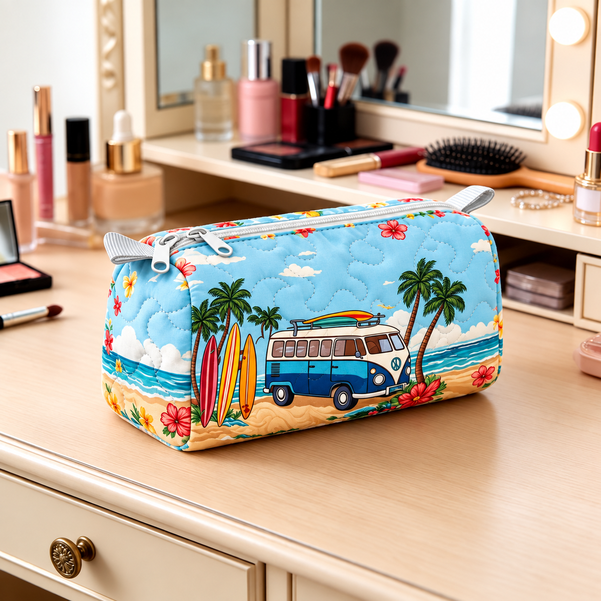 Tropical Beach Camper Quilted Makeup Bag