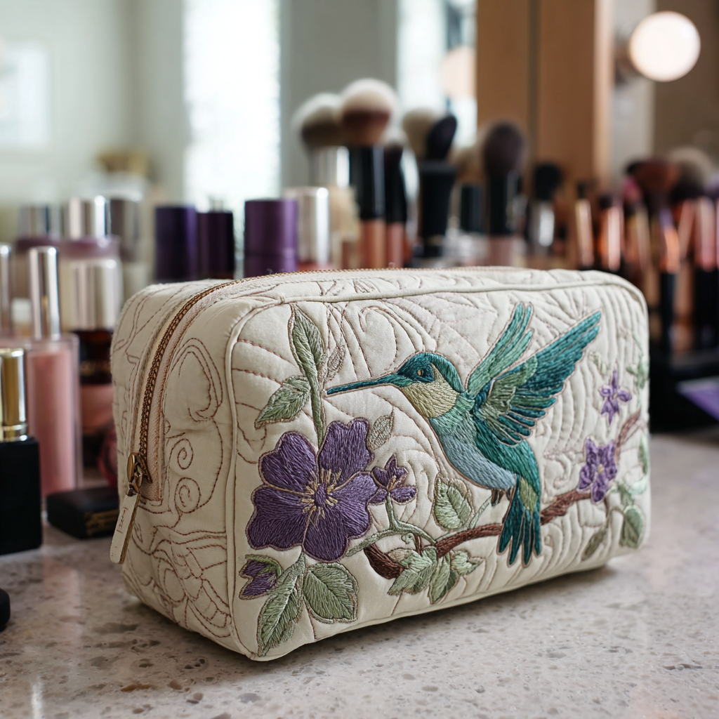 Hummingbirds and Flowers Quilted Toiletry Bag