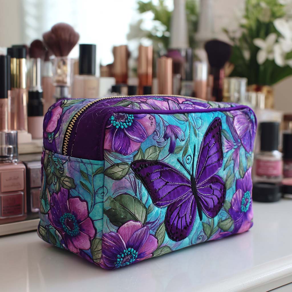 Embroidered Butterflies and Flowers Quilted Toiletry Bag