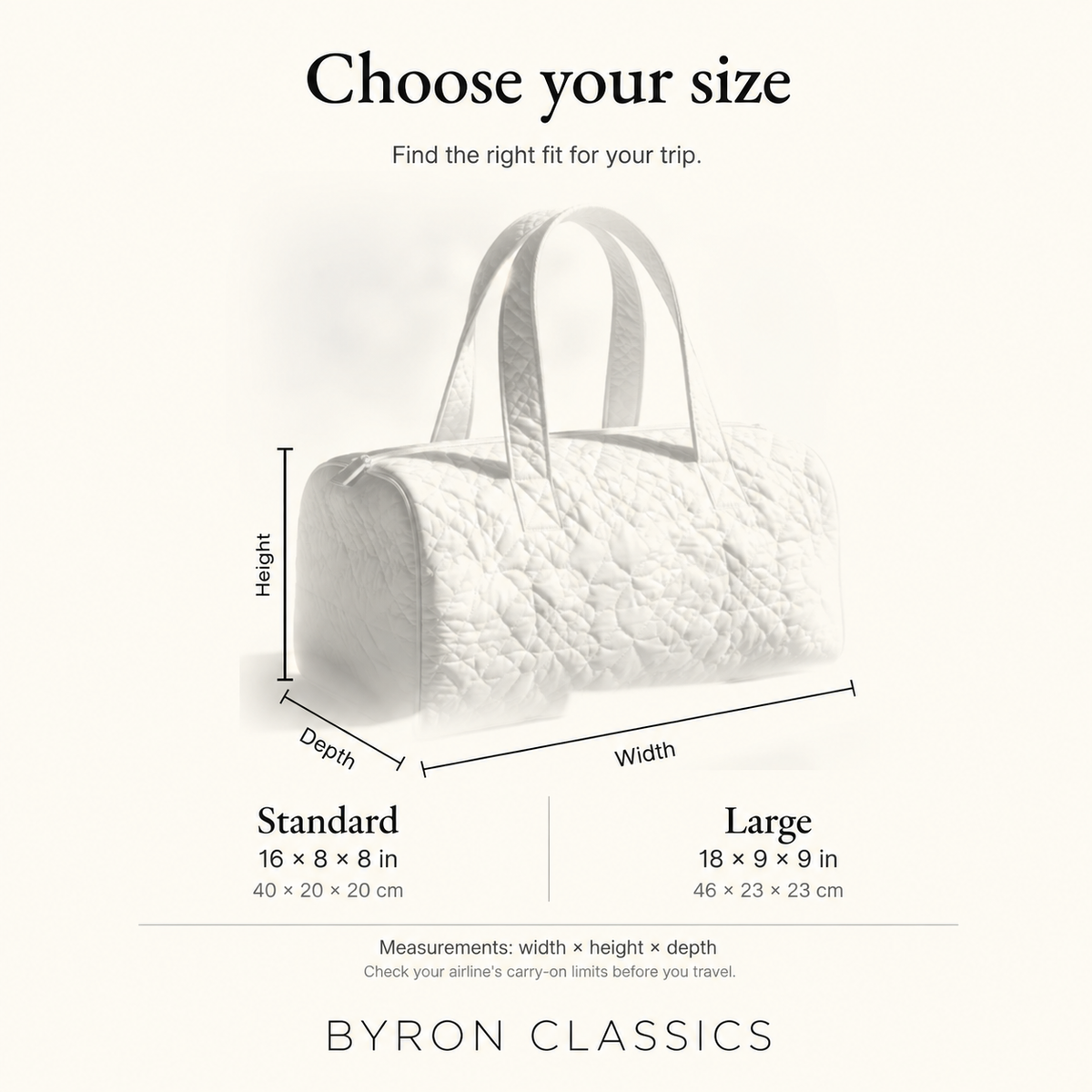 Quilted weekend duffle bag size guide