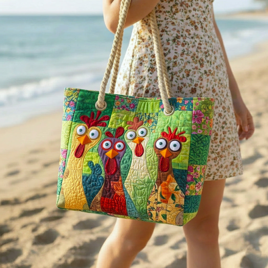 Farmyard Roosters Quilted Beach Bag