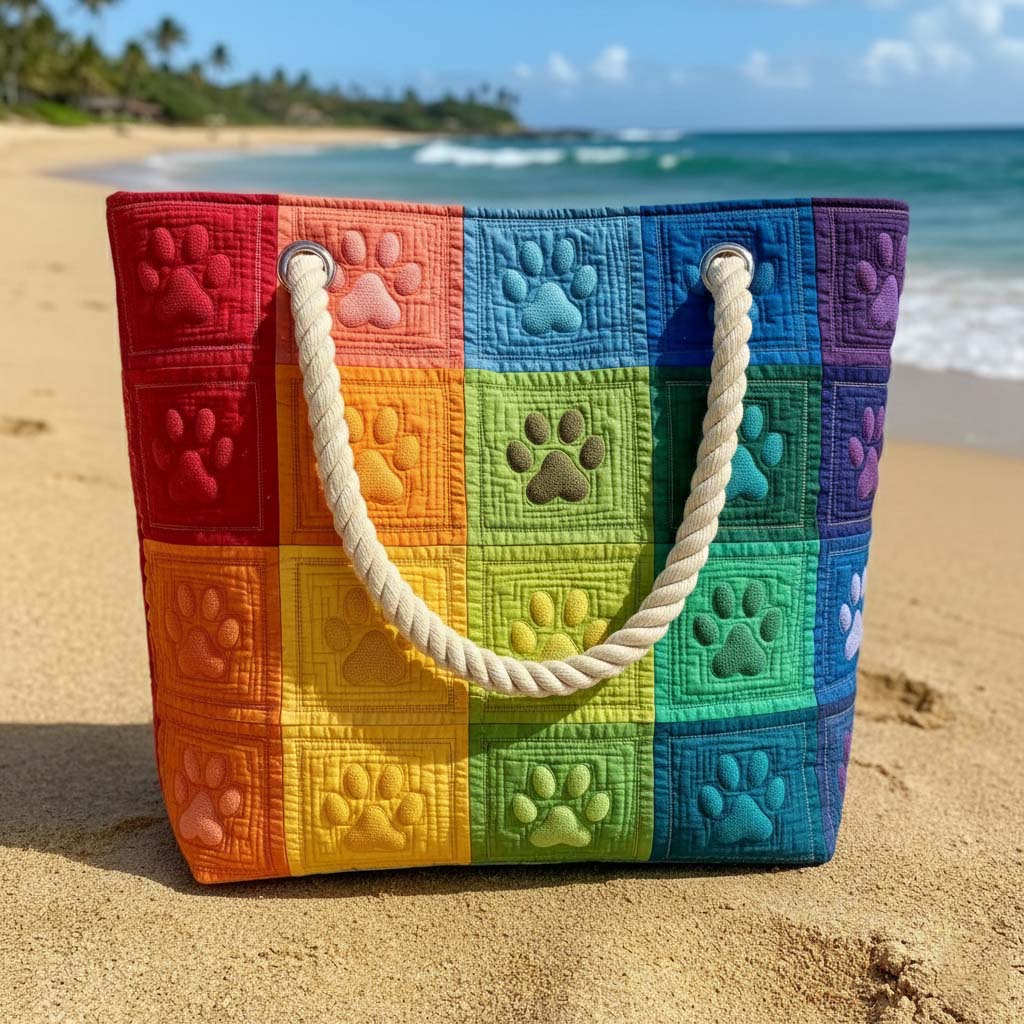 Rainbow Paw Prints Quilted Beach Bag