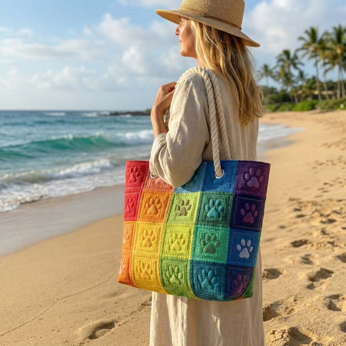 Rainbow Paw Prints Quilted Beach Bag
