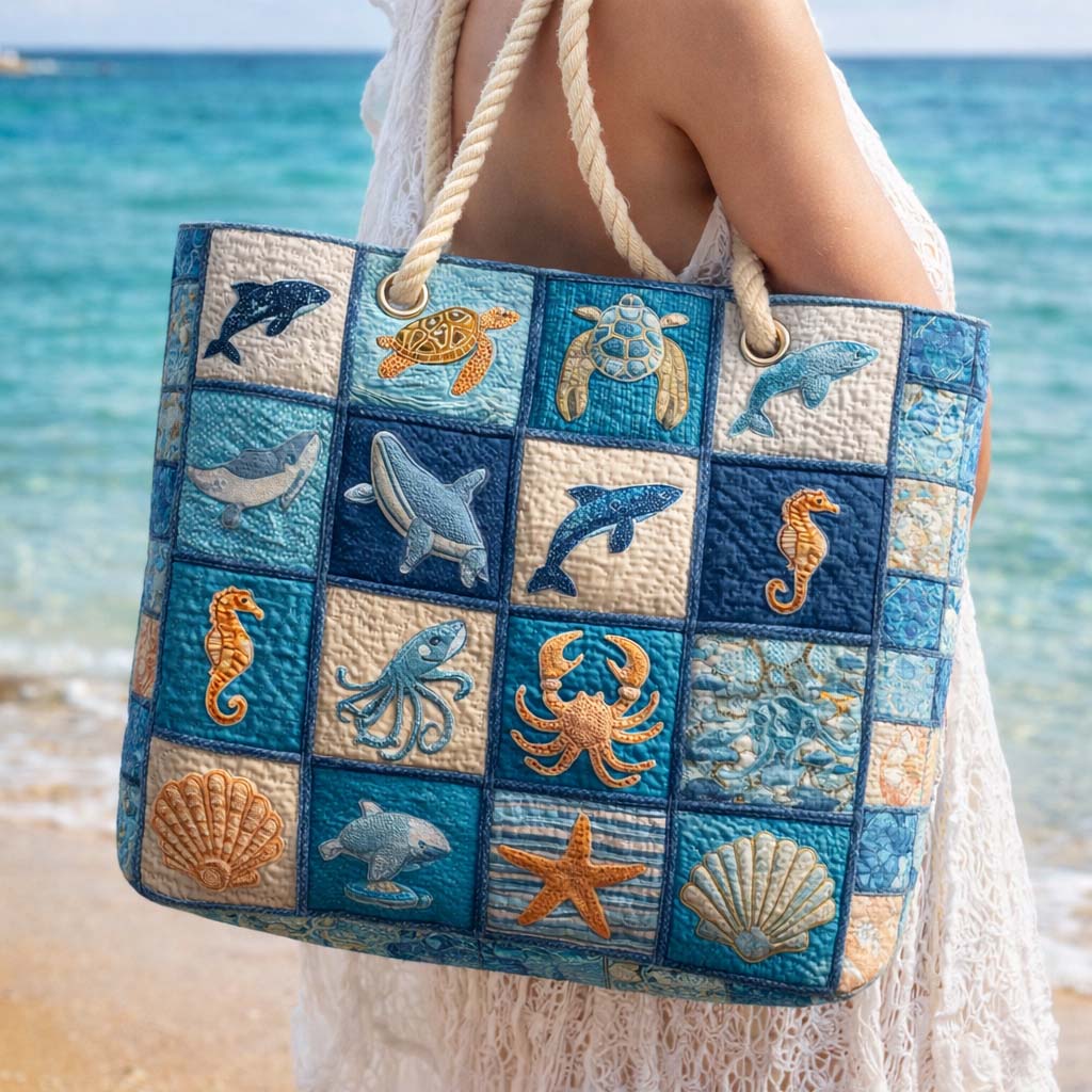 Sea Life Patchwork Quilted Beach Bag