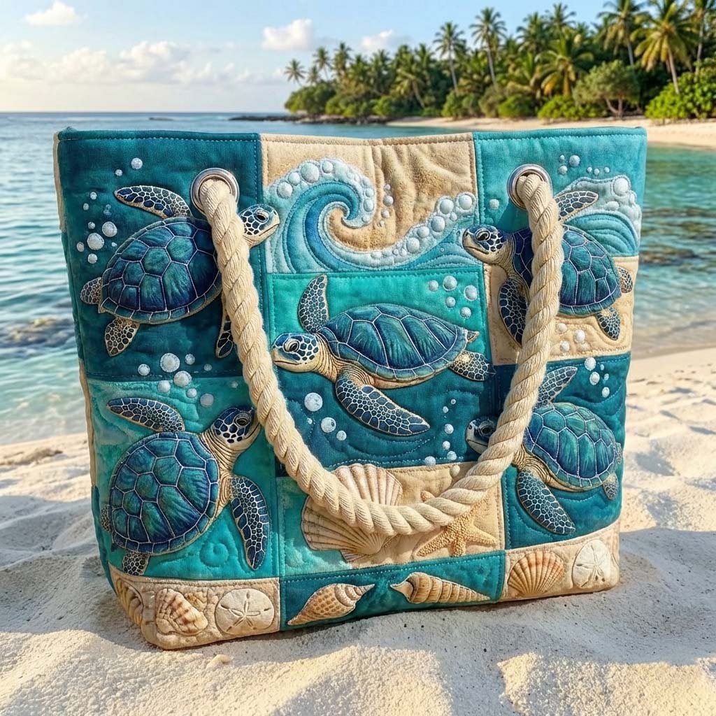 Turtles and Shells Patchwork Quilted Beach Bag