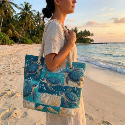 Turtles and Shells Patchwork Quilted Beach Bag