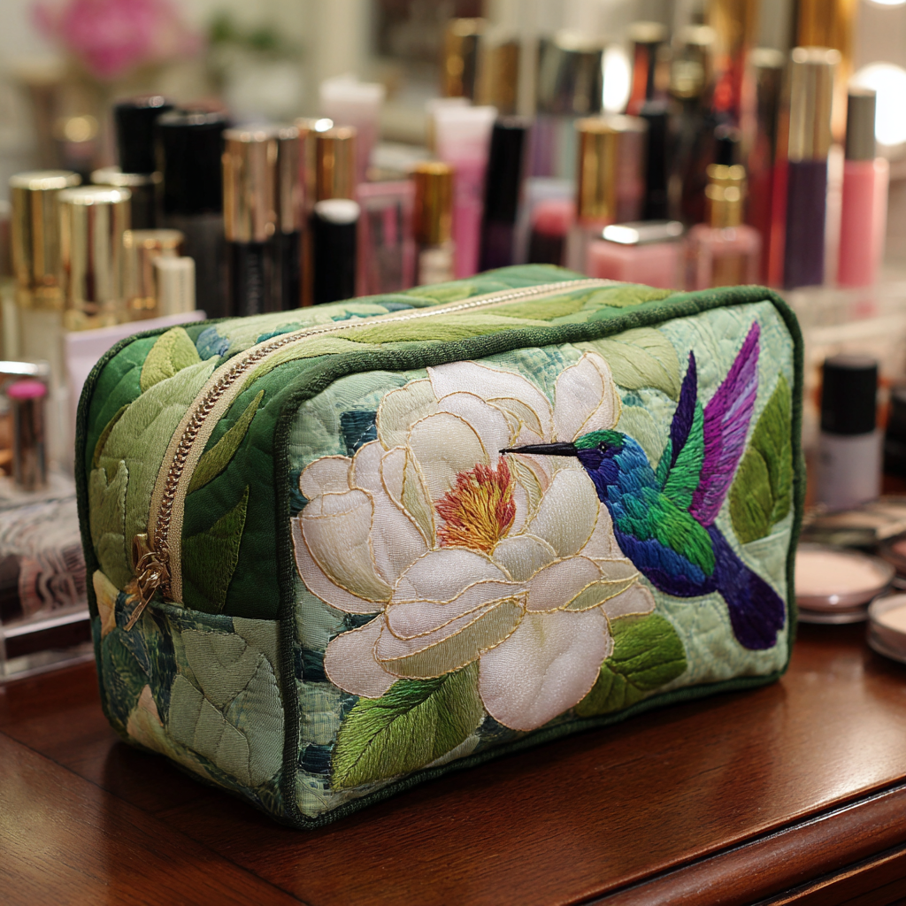 Quilt Pattern and Hummingbirds Quilted Toiletry Bag
