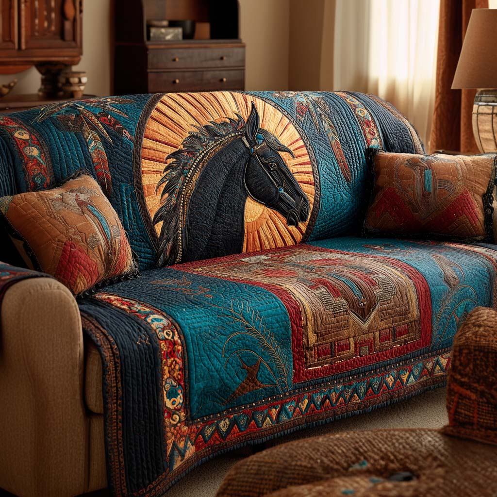 Horse Light Blue Quilted Sofa Cover