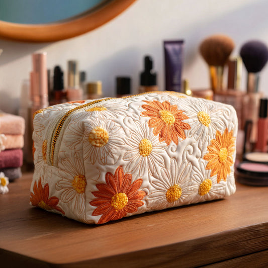 Embroidered Floral Design Quilted Toiletry Bag