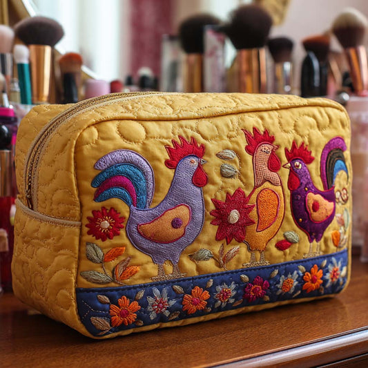 Embroidered Chickens in Garden Quilted Toiletry Bag