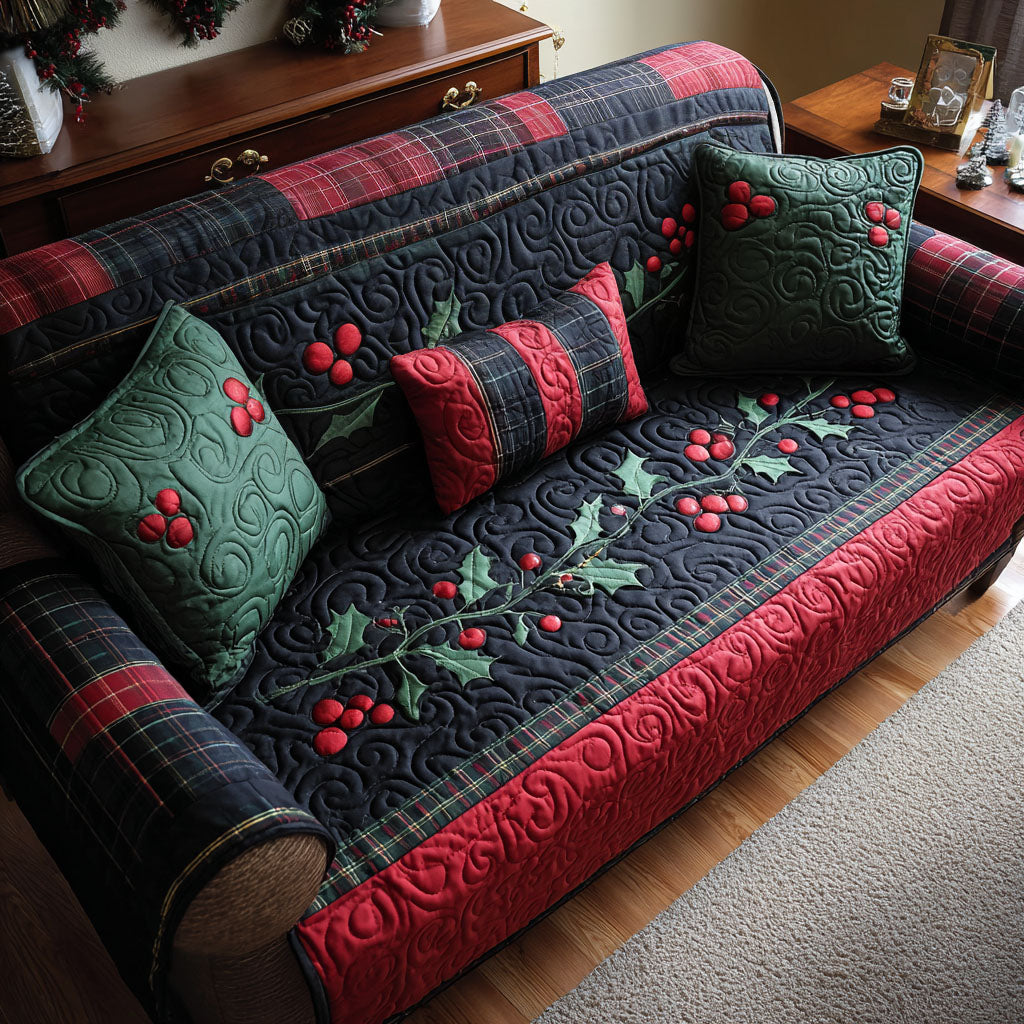 Holly Christmas Quilted Sofa Cover