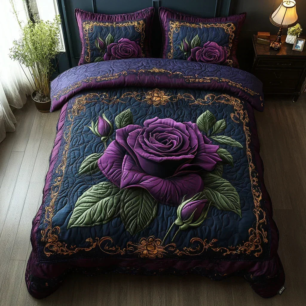 Purple Rose Quilted Bedding Set - Design A