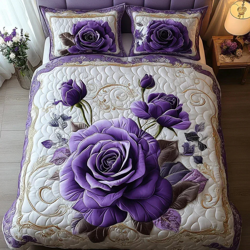 Purple Rose Quilted Bedding Set - Design B