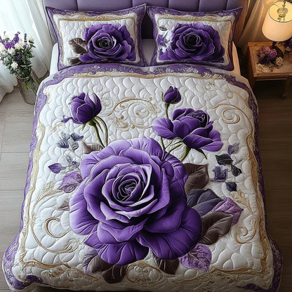 Purple Rose Quilted Bedding Set - Design B