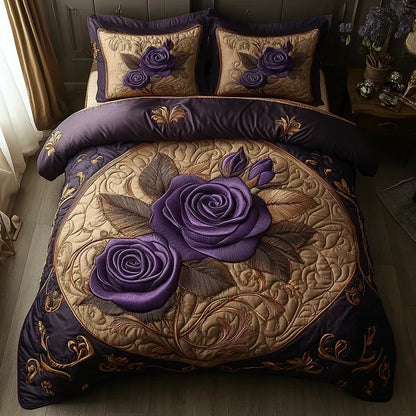 Purple Rose Quilted Bedding Set - Design C