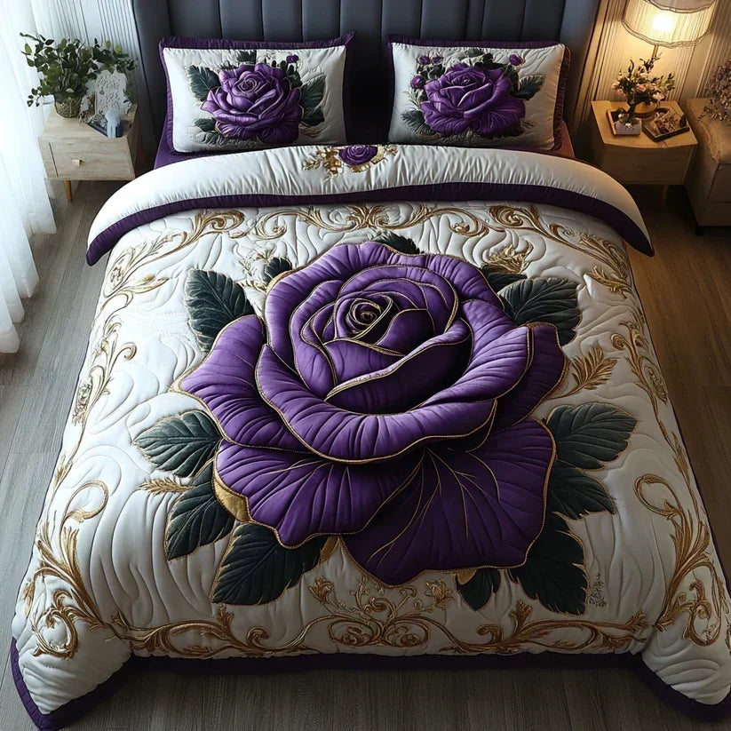 Purple Rose Quilted Bedding Set - Design D
