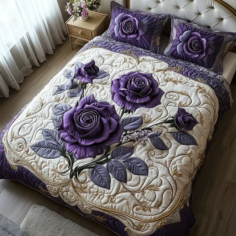 Purple Rose Quilted Bedding Set - Design E