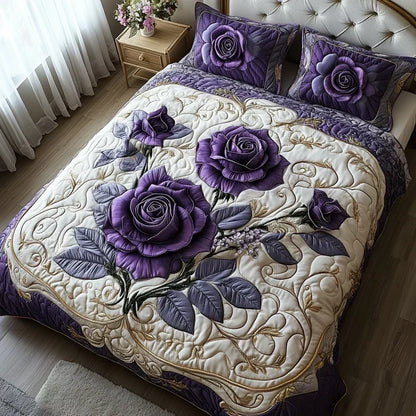 Purple Rose Quilted Bedding Set - Design E