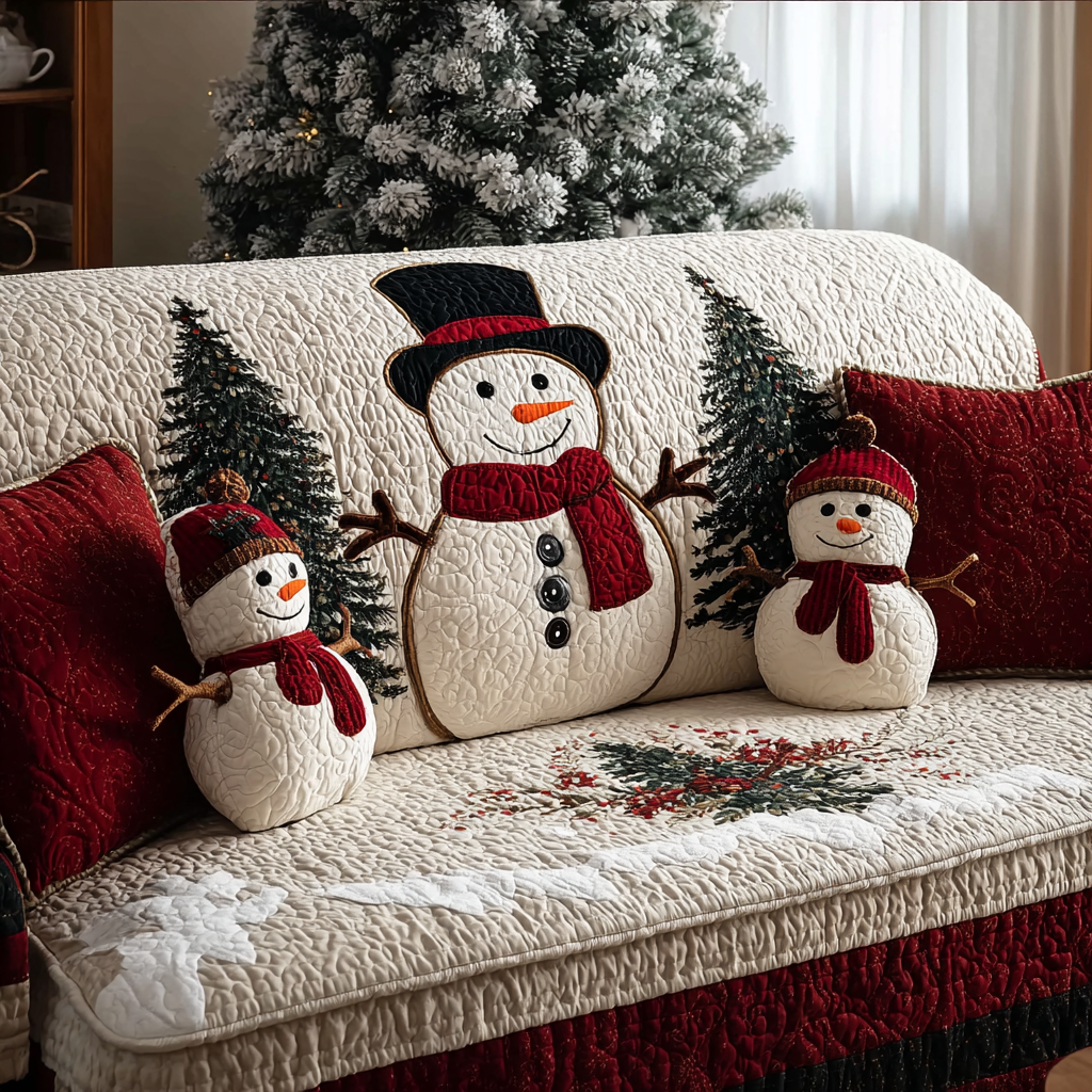 Snowman with Smiling Face Quilted Sofa Cover